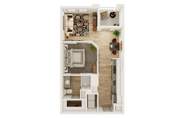 A top-down view of a small apartment with a living room, kitchen, and bathroom.