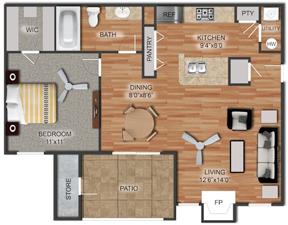Floor Plan  A floor plan of a house with a kitchen, dining room, living room, and bedrooms.