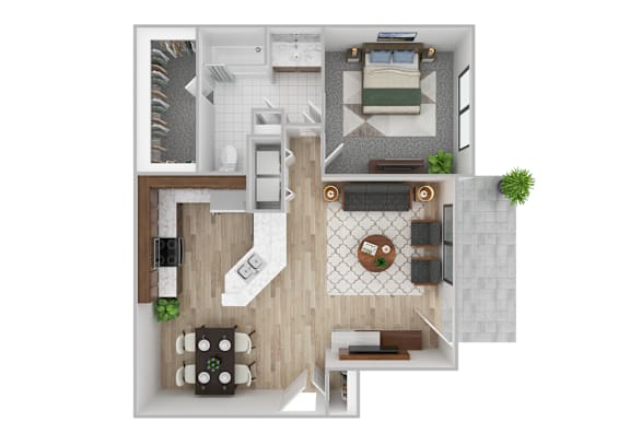 Floor Plan  A top view of a small apartment with a kitchen, living room, and dining area.