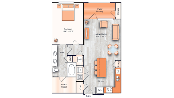 Floor Plan  A floor plan of a house with a bedroom, living room, kitchen, and bathroom.