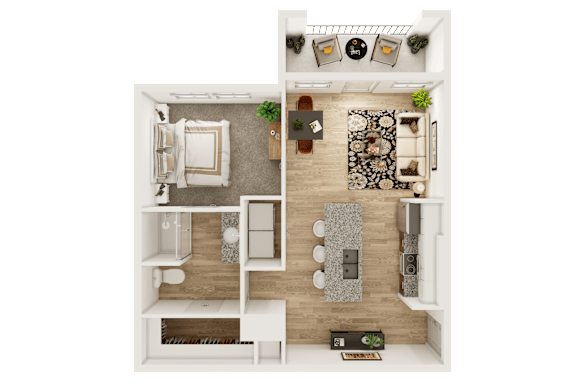 A top-down view of a modern apartment layout with a kitchen, living room, and bathroom.