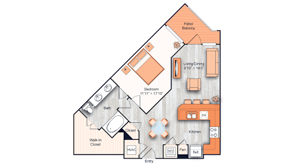 Floor Plan  A diagram of a house layout with labeled rooms such as Bath, Kitchen, Living/Dining, and Patio Balcony.