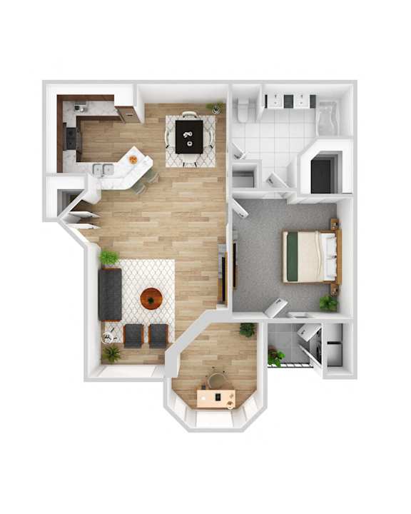 A top down view of a house interior with a kitchen, living room, and bathroom.