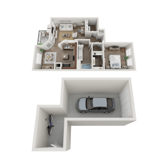 Floor Plan  A 3D floor plan of a house with a garage and a separate parking area for two cars.