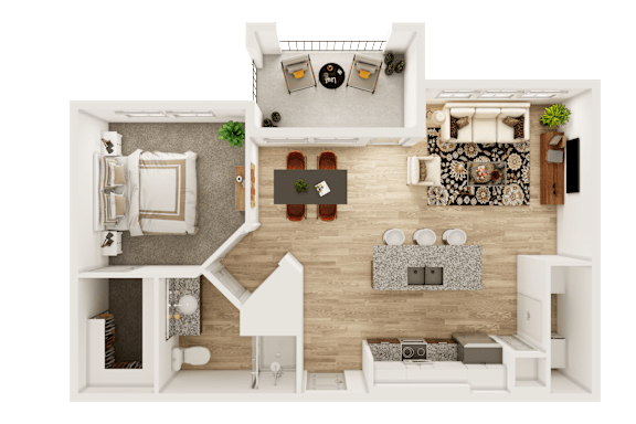 A top-down view of a living room with a couch, coffee table, and kitchen area.
