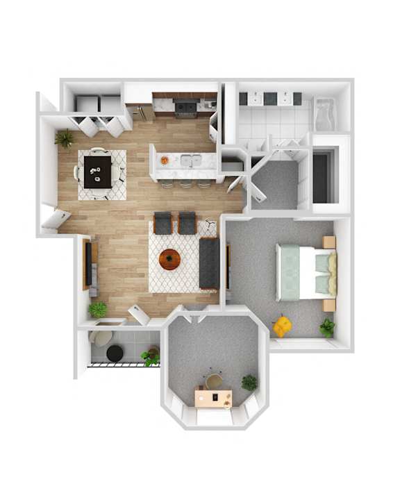 A top-down view of a modern apartment layout with a kitchen, living room, and bedrooms.