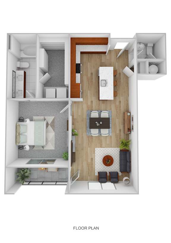 A floor plan of a small apartment with a kitchen, living room, and bathroom.