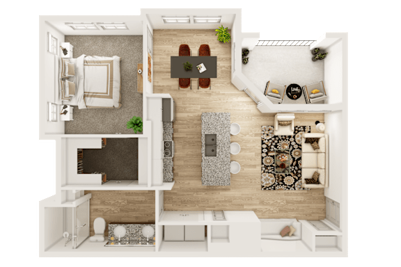 A top-down view of a modern apartment layout with a living room, kitchen, and dining area.