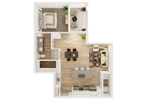 A top-down view of a living room with a couch, coffee table, and rug.