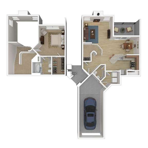 A floor plan of a two-story house with a garage and a car.