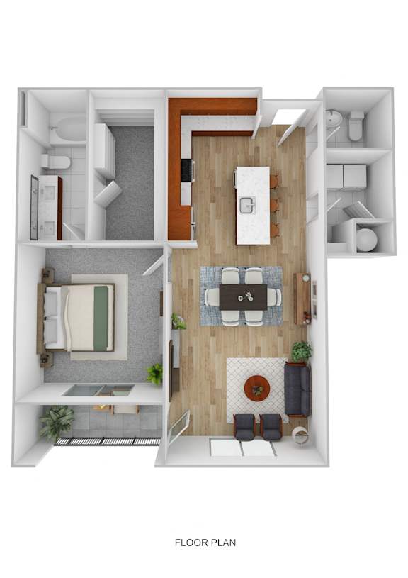 A floor plan of a small apartment with a kitchen, living room, and bathroom.
