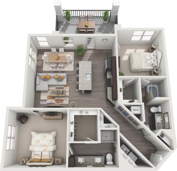 a 3d rendering of our 1 bedroom apartment at princeton court apartments in dallas