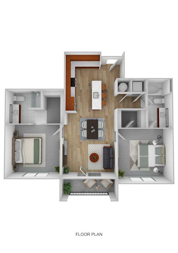 A floor plan of a house with a kitchen, living room, and two bedrooms.