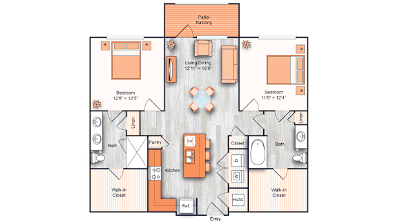Floor Plan  A floor plan of a house with two bedrooms, a living room, a dining room, a kitchen, a bathroom, a pantry, a laundry room, and a walk-in closet.