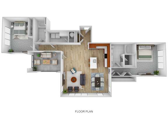 A floor plan of a house with a living room, kitchen, dining room, and bedrooms.