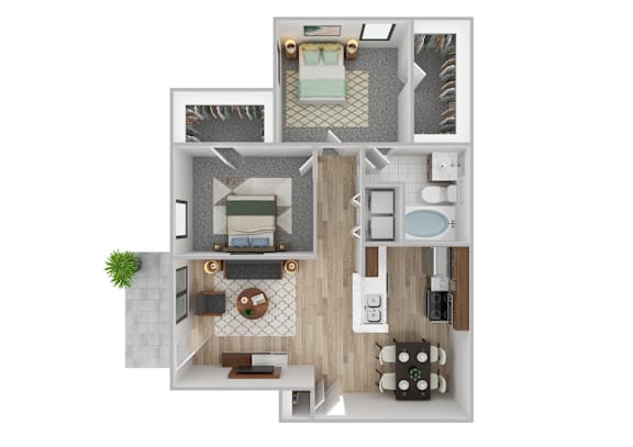 Floor Plan  A top-down view of a house layout with a living room, kitchen, and two bedrooms.