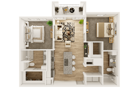 A 3D floor plan of a house showing a living room, kitchen, dining room, and two bedrooms.
