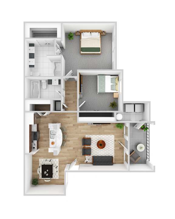 A 3D floor plan of a small apartment with a kitchen, living room, and bathroom.