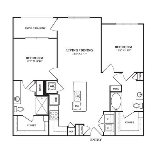 Floor Plan  A black and white image of a floor plan for a home with two bedrooms, a living/dining area, and a closet.