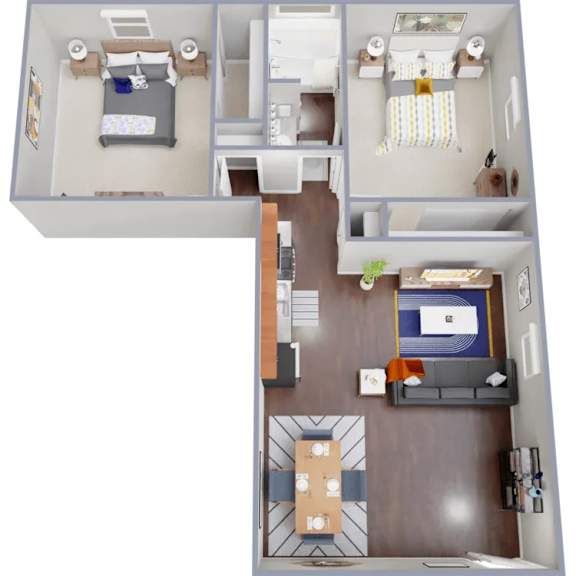 A top-down view of a small apartment with a bedroom, living room, and kitchen.