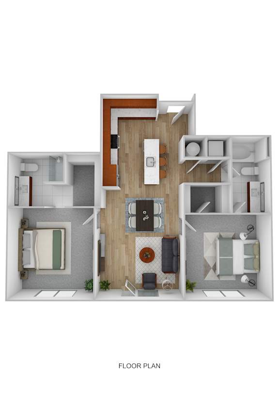 A floor plan of a small apartment with a kitchen, living room, and two bedrooms.