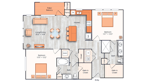 Floor Plan  A floor plan of a house with a living room, kitchen, two bedrooms, and a patio.