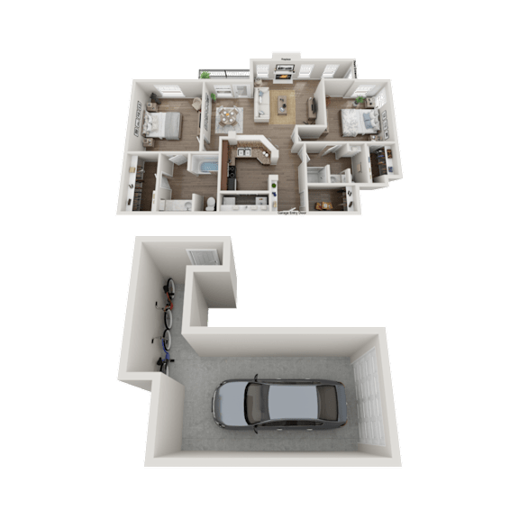 Floor Plan  A 3D floor plan of a house with a car garage.