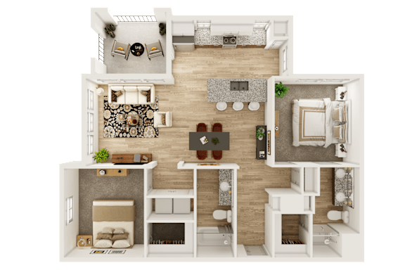A 3D floor plan of a house showing a living room, kitchen, dining area, and bedrooms.