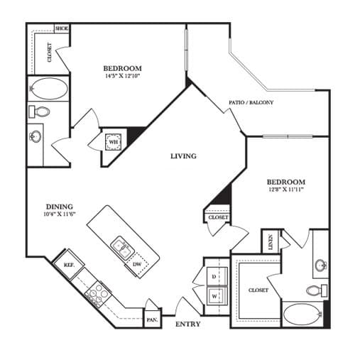 A black and white image of a house floor plan with two bedrooms, a living room, a dining room, a closet, a pan, and an entry.