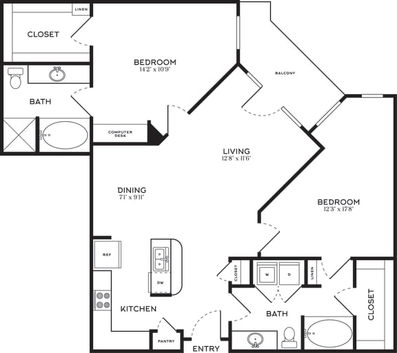 Floor Plan  2 Bed | 2 Bath | 1172 sqft | 5 Mockingbird Apartments