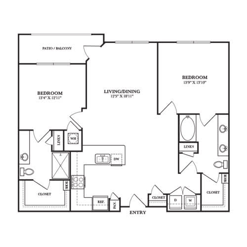 A black and white image of a house floor plan with two bedrooms, a living/dining area, and a closet.