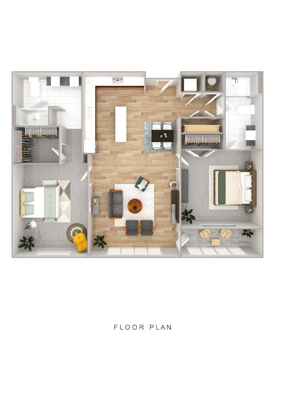 A floor plan of a house with a living room, kitchen, and two bedrooms.