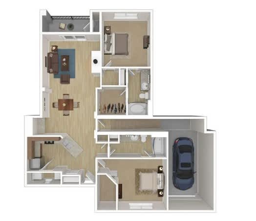 A floor plan of a house with a garage and a car.