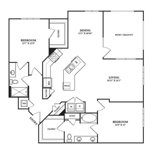 A black and white image of a house floor plan with a dining area, two bedrooms, a living room, a kitchen, a bathroom, and a closet.