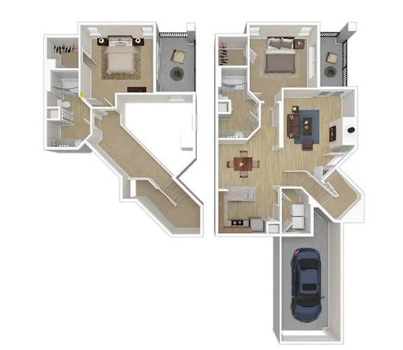 A floor plan of a two-story house with a garage on the bottom floor and a living area on the top floor.