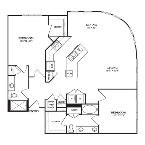 A black and white image of a floor plan for a home with a living room, dining room, kitchen, and two bedrooms.