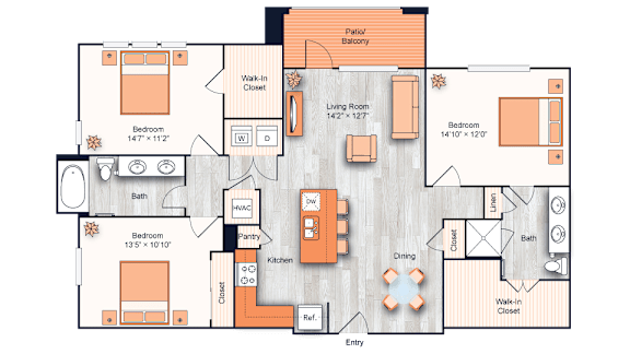 Floor Plan  A floor plan of a house with two bedrooms, a living room, a dining room, a kitchen, a bathroom, a pantry, and a patio.