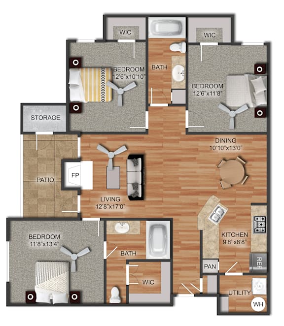 Floor Plan  A floor plan of an apartment with two bedrooms, a living room, a dining room, a kitchen, a bathroom, a storage area, and a patio.