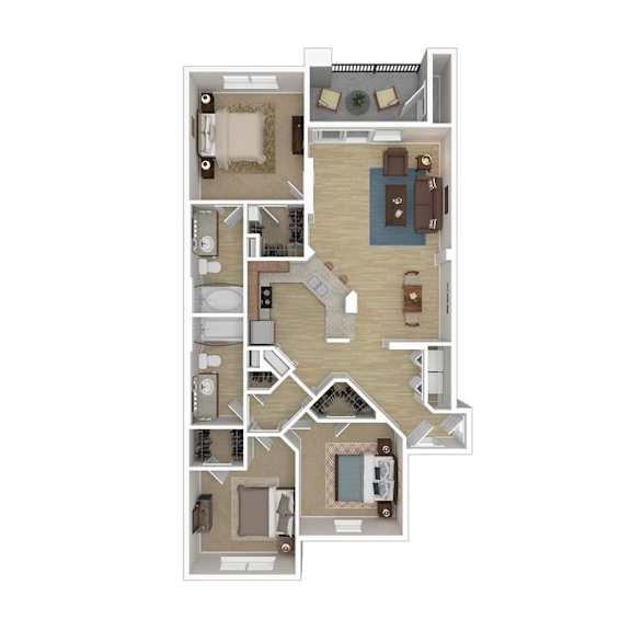 A floor plan of a house with a kitchen, living room, and bedrooms.
