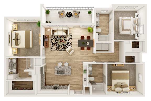 A 3D floor plan of a house with a living room, kitchen, and two bedrooms.