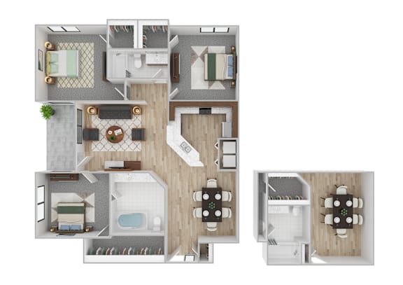 Floor Plan  A floor plan of a house with a kitchen, living room, and bedrooms.
