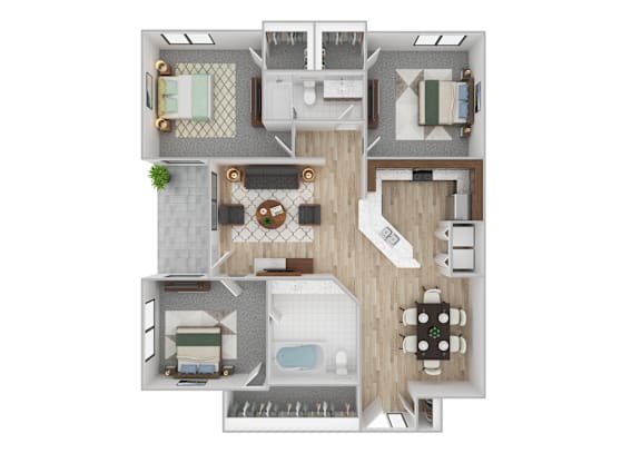 Floor Plan  A top-down view of a house layout with a kitchen, living room, dining area, and bathrooms.