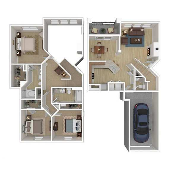 A floor plan of a house with a car parked outside.