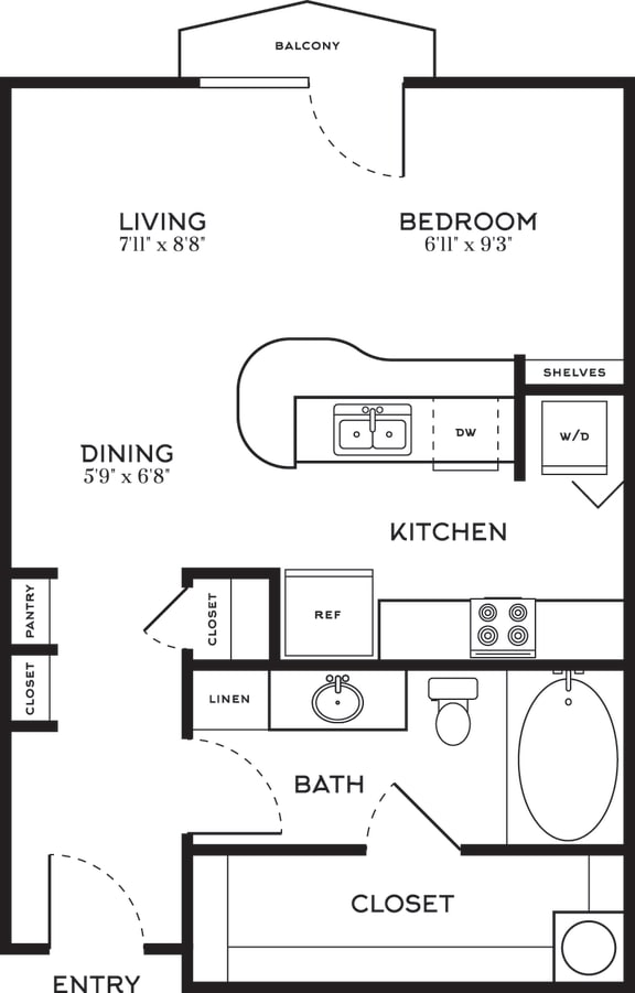 Studio | 1 Bath | 433 sqft | 5 Mockingbird Apartments