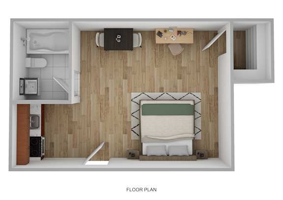 a stylized floor plan of a room with a bedroom and a bathroom