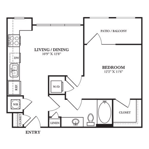 Floor Plan  A black and white image of a floor plan for a home with a living/dining area, bedroom, and closet.