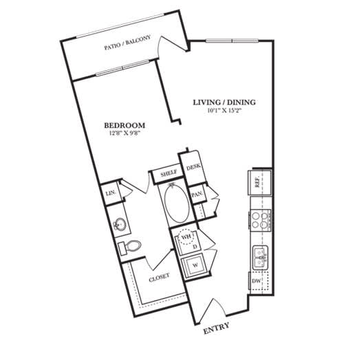 A floor plan of a home with a living room, dining room, and bedroom.