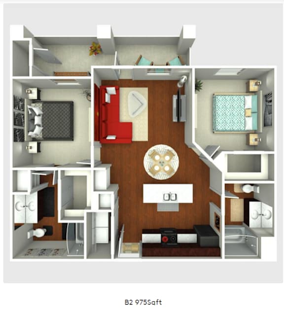 A 3D floor plan of a small apartment layout.