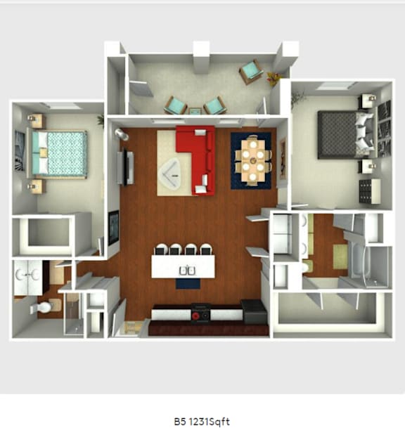 Floor Plan  A 3D rendered image of a small apartment layout.