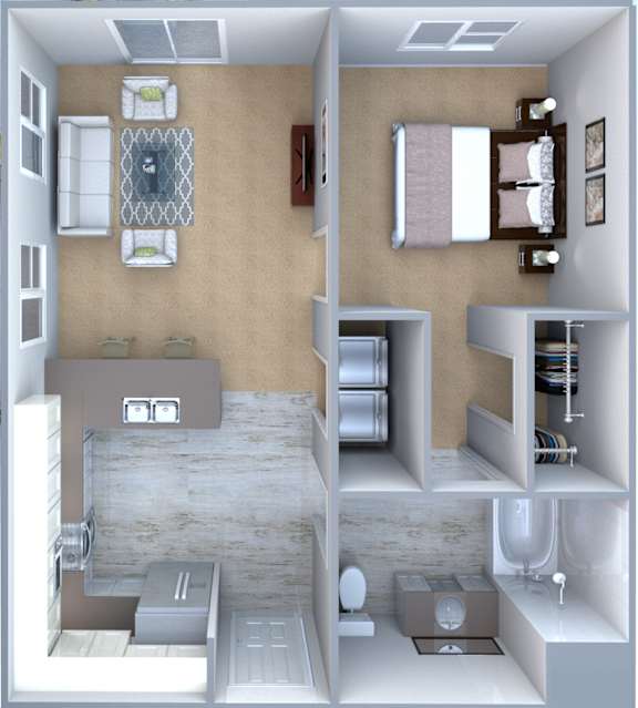 A 3D rendered image of a small apartment with a kitchen, living room, and bathroom.